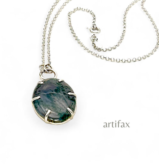 Silver Prong Set Moss Agate Necklace