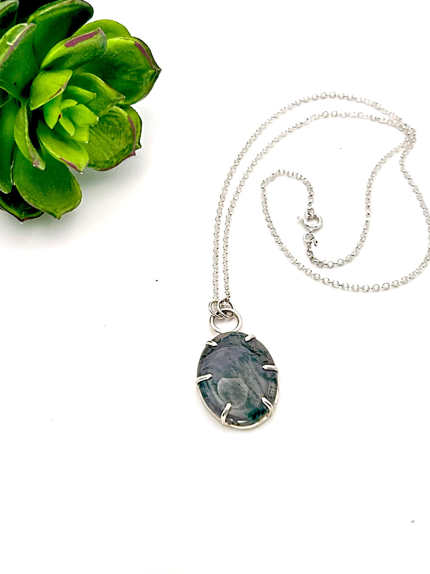 Silver Prong Set Moss Agate Necklace