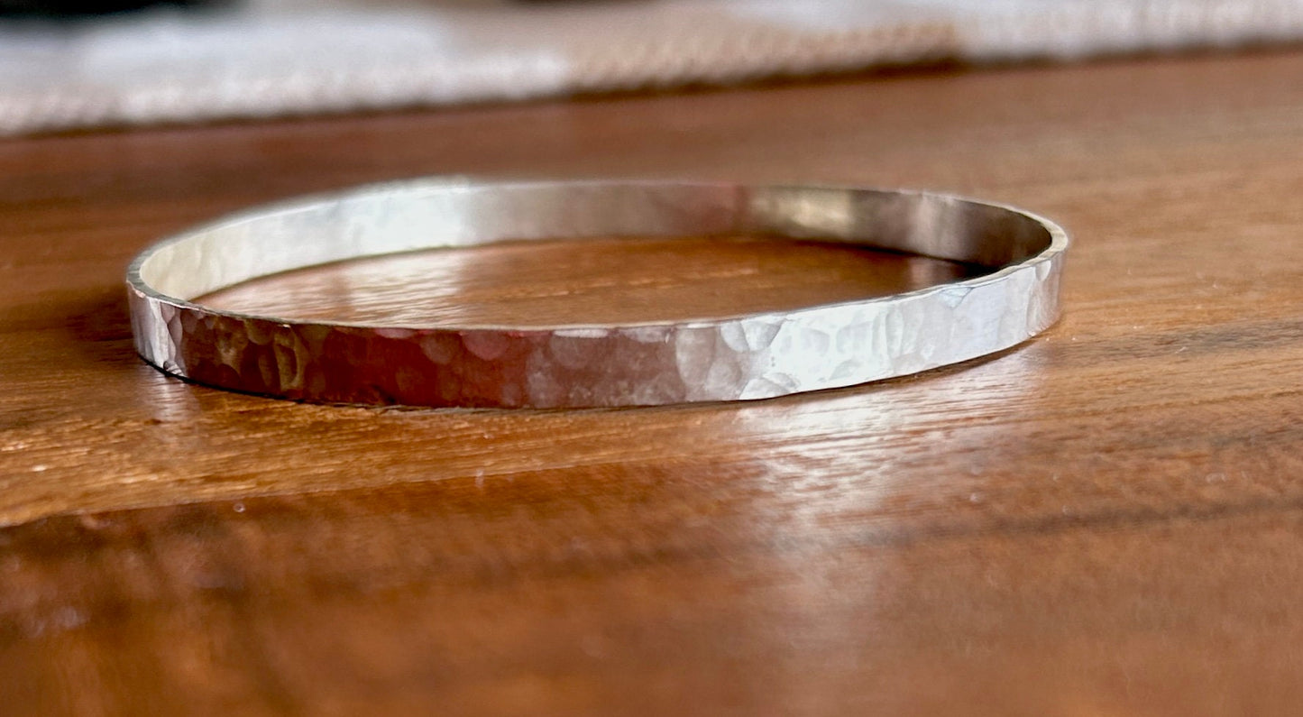 Flat Hammered Silver Bangle