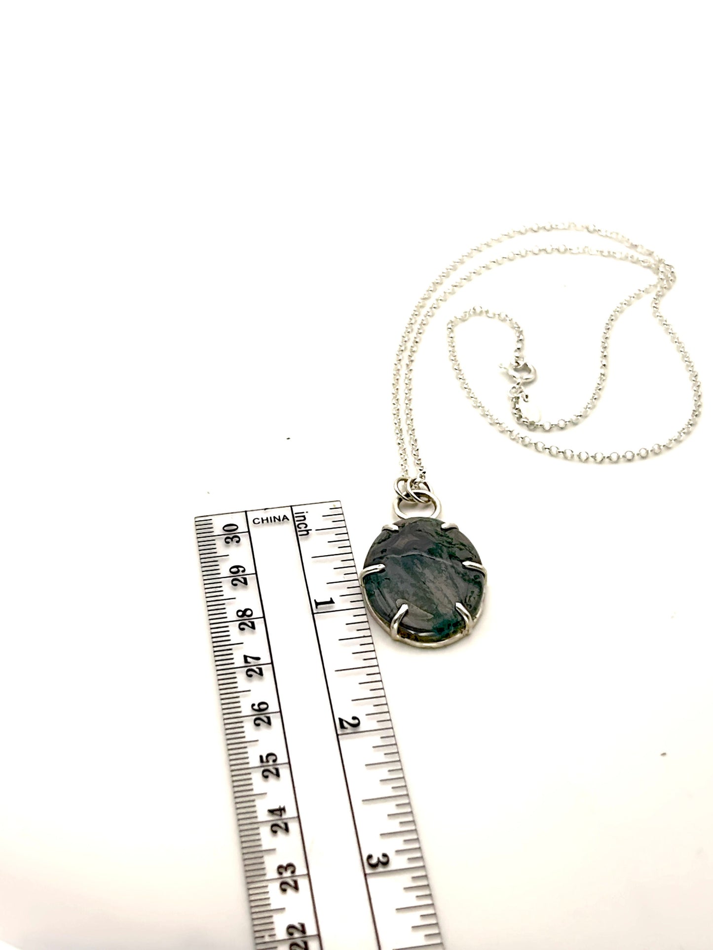 Silver Prong Set Moss Agate Necklace